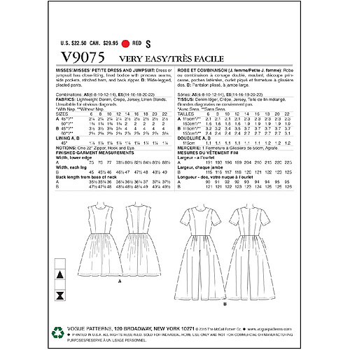 Vogue Patterns V9075E5 14/16/18/20/22 Patron de Couture Robe et Combinaison