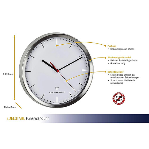 Horloge murale radiopiloté(e) TFA 60.3530.02 aluminium (brossé) 220 mm x 45 mm