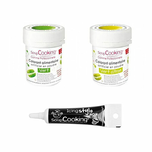 Scrapcooking 2 colorants alimentaires vert citron-vert + Stylo glaçage noir