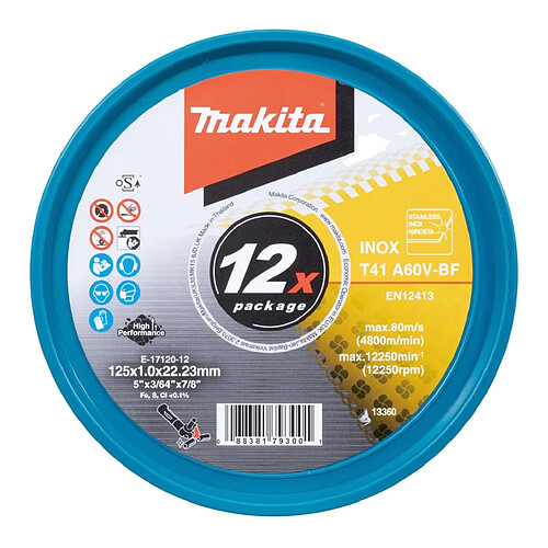 Makita E-17120-12 Disques à tronçonner INOX 125 x 1,0 x 22,23 mm A60V-BF 12 pces en boîte