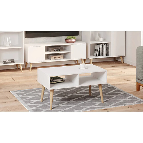 Alter Table basse de salon, Table Magazine avec 2 étagères et pieds, Style Scandi, 55x90h55 cm, Couleur Blanc