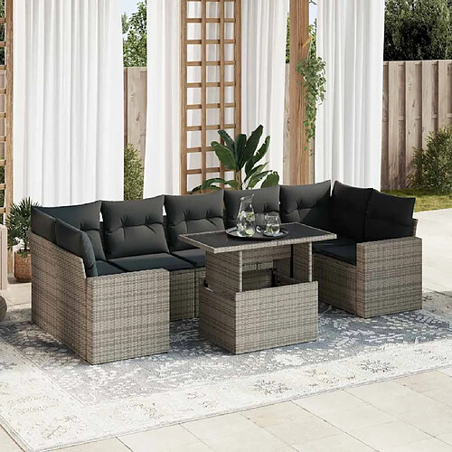 vidaXL Salon de jardin 8 pcs avec coussins gris résine tressée