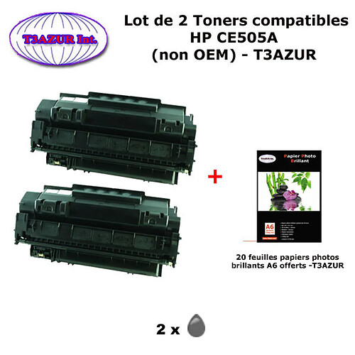 2 Toners génériques HP CE505A ,HP 05A pour HP LaserJet P2030 P2035 P2050 P2055 +20f papiers photos A6 -T3AZUR