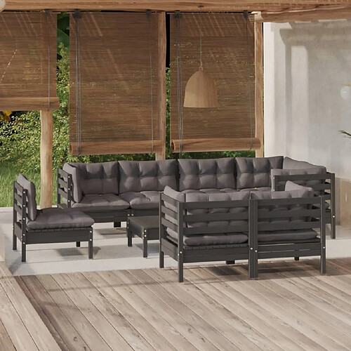 vidaXL Salon de jardin 9 pcs avec coussins Noir Bois de pin massif