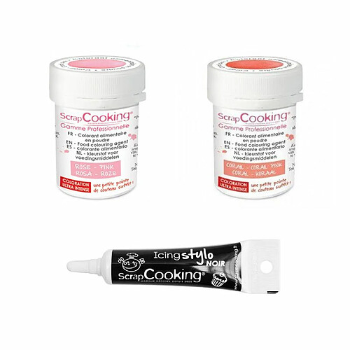 Scrapcooking 2 colorants alimentaires rose poudré-corail + Stylo glaçage noir