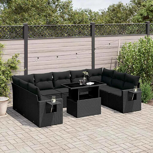 vidaXL Salon de jardin 10 pcs avec coussins noir résine tressée