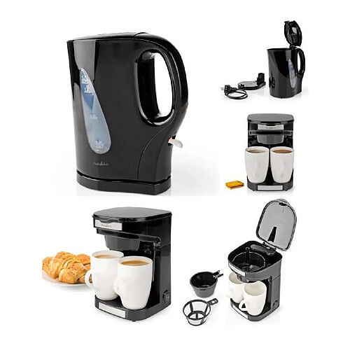 NEDIS Cafetière électrique 2 Tasses Duo 2 x 0.25l Filtre permanent lavable 450W noir Arrêt automatique + Bouilloire électrique 2200W Noir