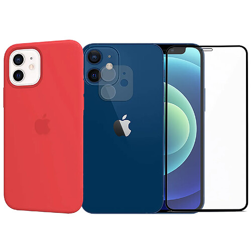 Protection intégrale Verre Trempé pour iPhone 12 Mini + Verre Trempé Caméra Arrière + Coque souple silicone Rouge - Visiodirect -