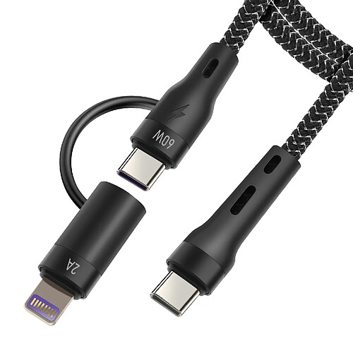 Forever Câble USB-C 60W vers USB-C et iPhone Lightning Nylon Tressé 1m Noir