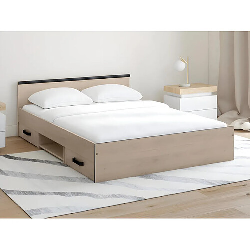 Vente-Unique Lit avec rangements 140 x 190 cm - 2 tiroirs et 1 niche - Coloris : Naturel + Sommier + Matelas - PABLO