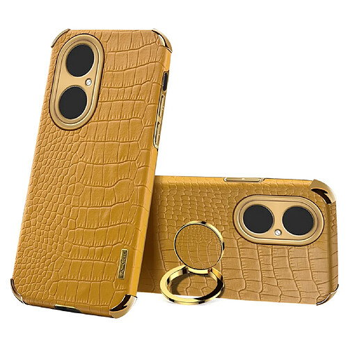 Coque en TPU + PU Découpage précis de texture de crocodile de galvanoplastie avec le support d'anneau jaune pour votre Huawei P50 Pro