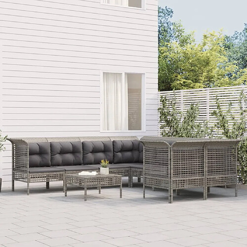 vidaXL Salon de jardin 8 pcs avec coussins Gris Résine tressée