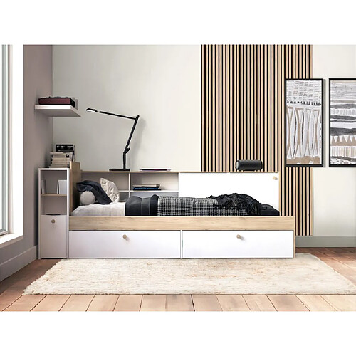 Vente-Unique Lit modulable 90 x 190/200 cm avec rangements - Blanc et naturel + Sommier + Matelas - LIARA