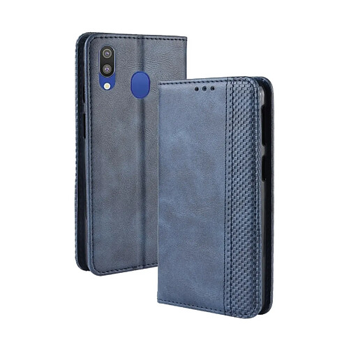 Wewoo Housse Coque Étui en cuir à boucle magnétique avec texture rétro et pour Galaxy M20, porte-carte emplacements pour cartes (bleu)