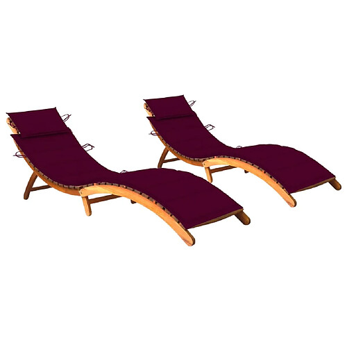 Helloshop26 Lot de 2 transats chaise longue bain de soleil lit de jardin terrasse meuble d'extérieur avec coussins bois d'acacia solide 02_0012064