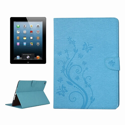 Wewoo Smart Cover bleu pour iPad 4 fleurs pressées motif papillon flip horizontal PU étui en cuir avec boucle magnétique et titulaire fentes cartes porte-monnaie