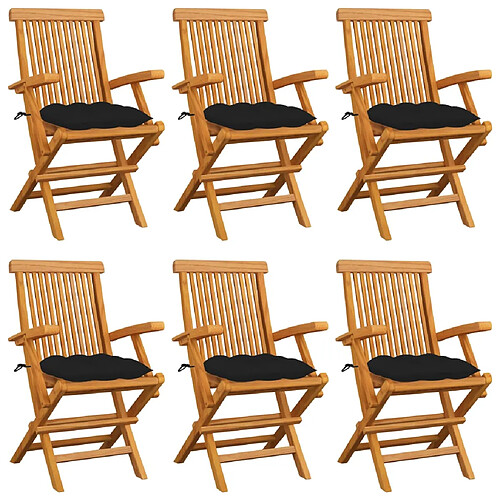 vidaXL Chaises de jardin avec coussins noir lot de 6 Bois teck massif