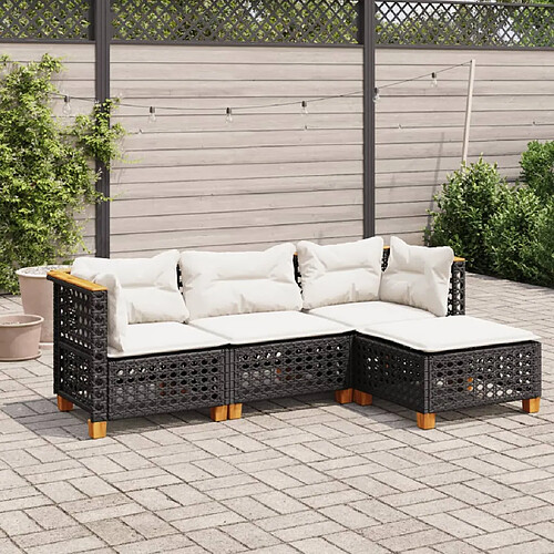 vidaXL Salon de jardin 4 pcs avec coussins noir résine tressée