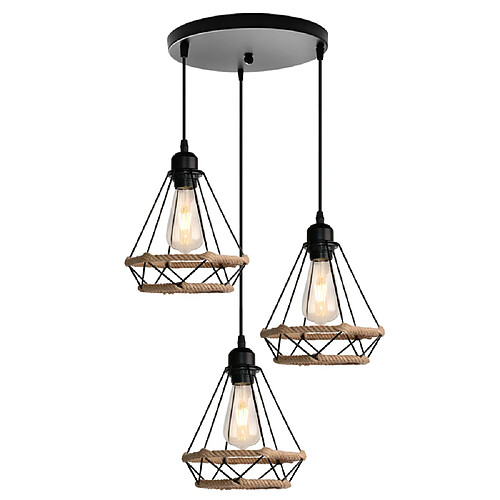 Stoex Plafonnier D'Intérieur Rétro Noir Suspension Luminaire en Corde de Chanvre 20CM Lustre Diamant 3 Lumières Suspension Lustre Vintage en Métal