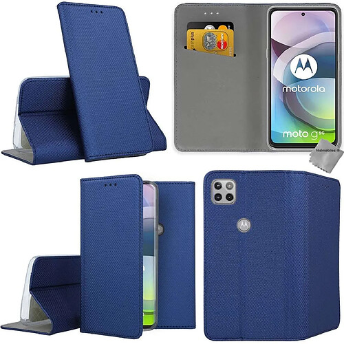 Htdmobiles Housse etui portefeuille avec coque intérieure en silicone pour Motorola Moto G 5G + verre trempe - BLEU MAGNET