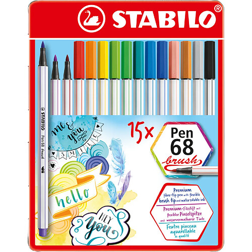 STABILO Feutre pinceau Pen 68 brush, étui en métal de 15 ()