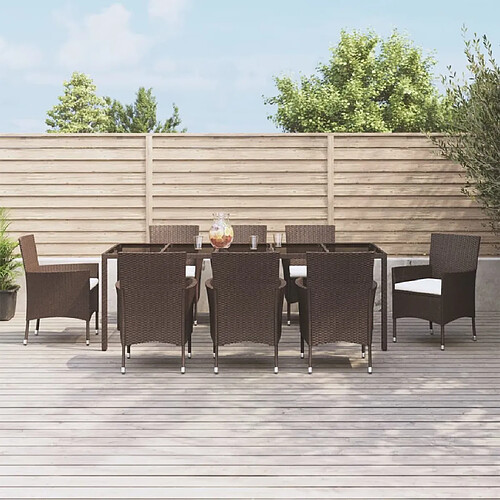 vidaXL Ensemble à manger de jardin et coussins 9 pcs marron poly rotin