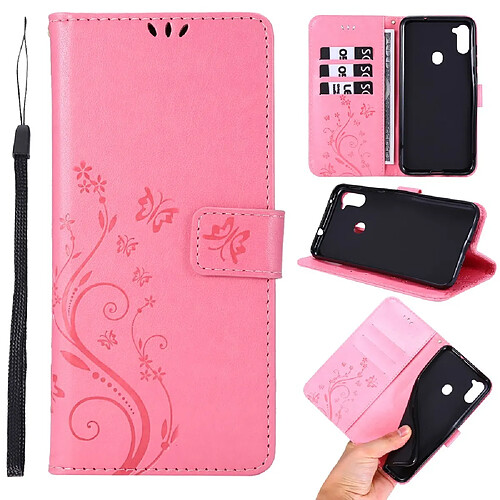 Etui en PU empreinte papillons flip avec support rose pour votre Samsung Galaxy A11