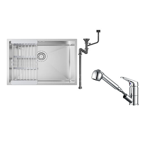 Auralum MAX Évier Cuisine 1 Bac 60*44*20CM,inox 304,à Encastrer/sous-plan avec Panier Drainage,Nano Silver+Mitigeur Cuisine avec Douchette Extractible,Chromé