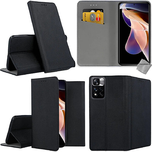 Htdmobiles Housse etui portefeuille avec coque intérieure en silicone pour Xiaomi Redmi Note 11 Pro+ Plus 5G + verre trempe - NOIR MAGNET