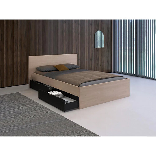 Vente-Unique Lit avec 2 tiroirs 140 x 190 cm - Coloris : Naturel et noir - VELONA