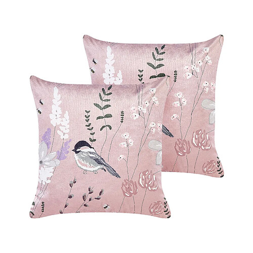 Beliani Lot de 2 coussins CYCLAMEN Velours 45 x 45 cm Floral Animal Rose pastel