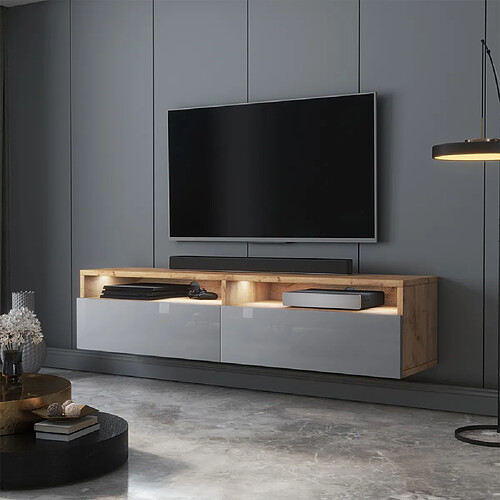 Selsey Meuble TV - REDNAW - 140 cm - chêne wotan / gris brillant - avec LED