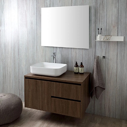 Kiamami Valentina MEUBLE DE SALLE DE BAIN SUSPENDU 90CM NOYER FONCÉ, LAVABO D'APPUI, MIROIR | SIENA