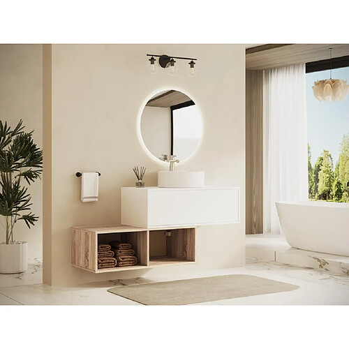 Vente-Unique Meuble de salle de bain suspendu avec vasque ronde - 1 tiroir blanc et 2 niches naturel clair - 94 cm - TEANA II