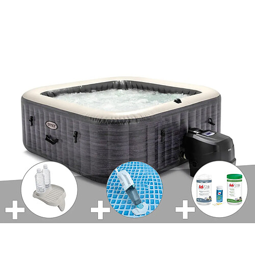 Kit spa gonflable Intex PureSpa Ardoise carré Bulles 6 places + Porte/verre + Aspirateur + Kit traitement brome