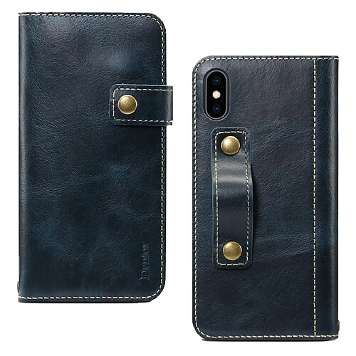 Wewoo Housse Coque Pour iPhone XR Denior Oil Wax Cowhide DK Bouton magnétique Étui à rabat horizontal en cuir avec support et fentes cartes et portefeuille bleu foncé