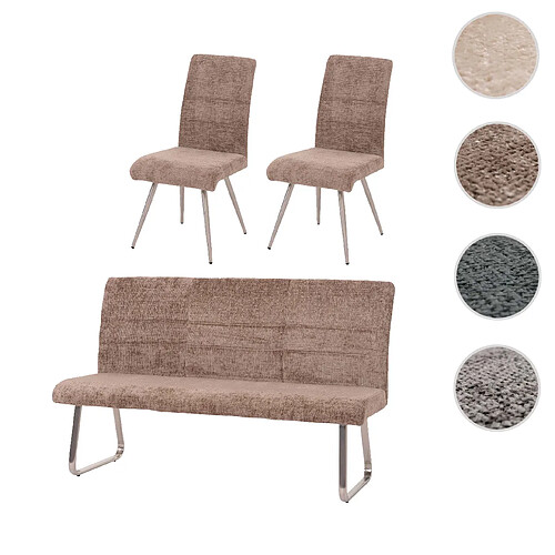 Mendler Set de salle à manger HWC-G55, set de 2 chaises + banc 180cm, inox brossé tissu/textile chenille ~ brun