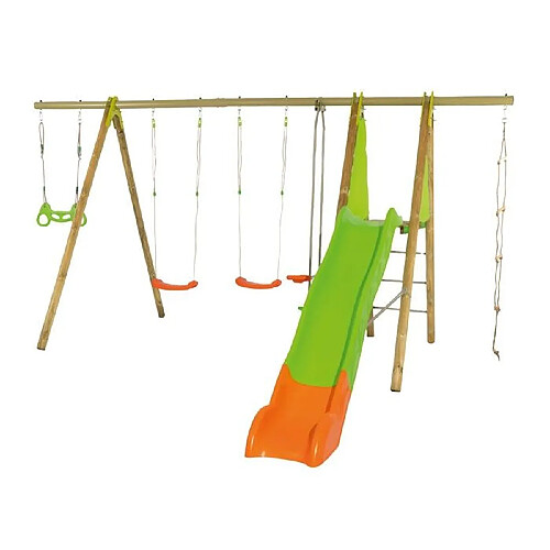 Trigano Station de jeux bois poutre métal TECHWOOD MAKUTA 2,30 m + toboggan 8 enfants