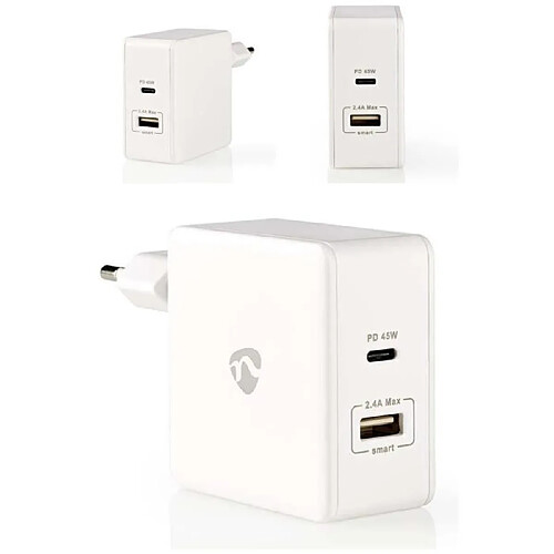 NEDIS Chargeur 3.0 45W rapide PD3.0 45W 1x 2.4 A / 1x 3.0 A 2 X USB-A / USB-C™ 57 W Sélection Automatique de la Tension