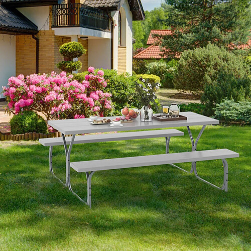 Helloshop26 Table et bancs de pique-nique avec cadre métal ensemble de jardin imperméable pour 8 personnes banc charge 250kg trou 183 x 161 x 76 cm gris 20_0009449