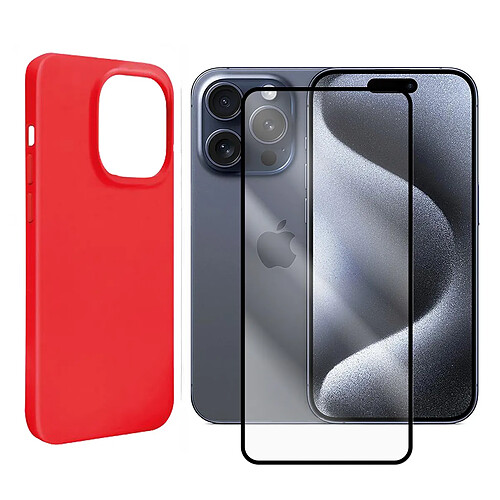 Coque de protection souple silicone Rouge + Lot de 2 Verre trempé avec bords Noir pour iPhone 15 Pro Max 6.7" - VISIODIRECT -