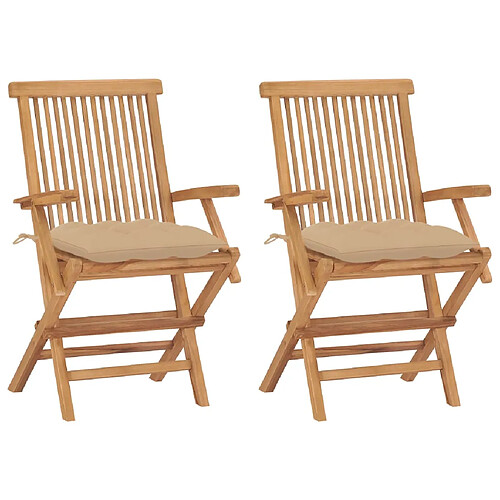 vidaXL Chaises de jardin avec coussins beige lot de 2 Bois teck massif