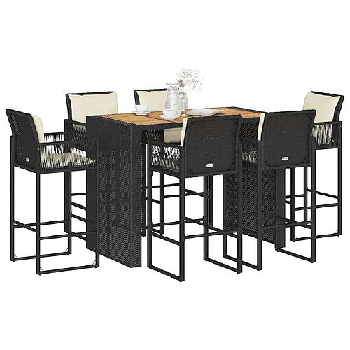 vidaXL Ensemble de bar de jardin 7 pcs avec coussins noir poly rotin