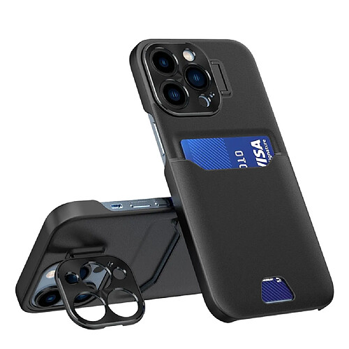 Coque en TPU + PU anti-rayures avec béquille pour cadre d'objectif et porte-carte pour votre iPhone 12 Pro Max 6.7 pouces - noir