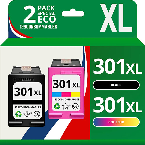 123CONSOMMABLES - 301XL - Pack 2 cartouches compatibles HP 301XL - noir et couleurs