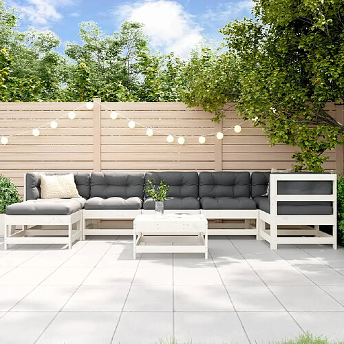 vidaXL Salon de jardin 8 pcs avec coussins blanc bois massif