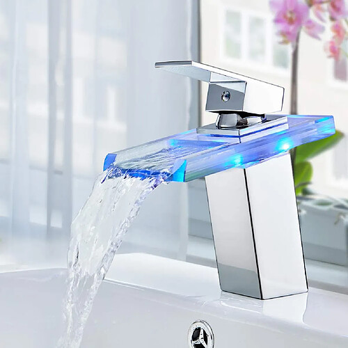 Mitigeur Lavabo Cascade LED 3 Couleurs Robinet Salle de Bain Cascade Chromé Robinet de Lavabo en Laiton et Verre pour Vasque