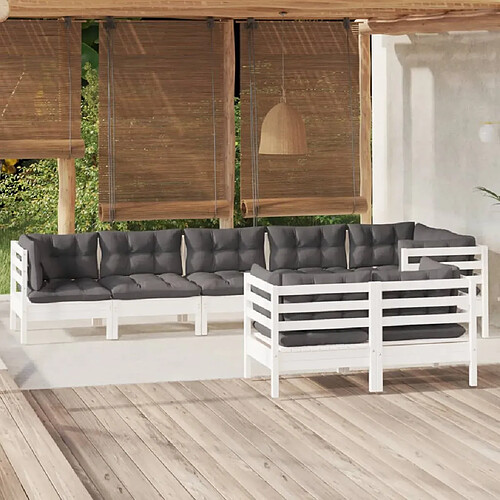 vidaXL Salon de jardin 8 pcs avec coussins blanc bois de pin massif