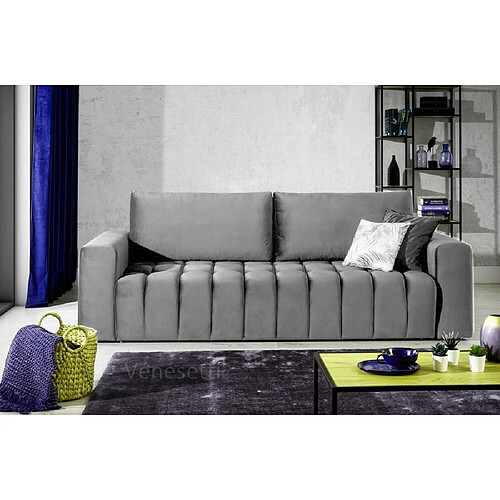 VENESETTI Canapé 3 places convertible et espace de rangement - Gris - en tissu velours de qualité luxe, LAZIO