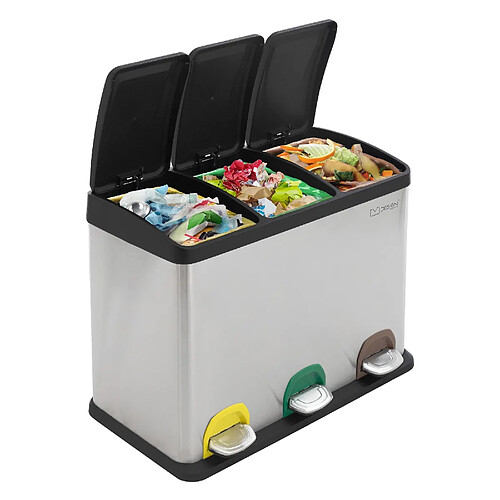 ML-Design Poubelle 45 litres en inox trois compartiments de 15 litres chacun mécanisme à pédale